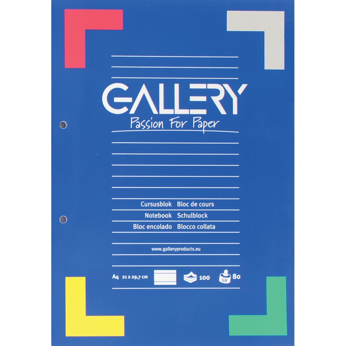 Gallery - bloc de curso, pies A4, 80 g/m², perforación de 2 agujeros, rayado, 100 hojas