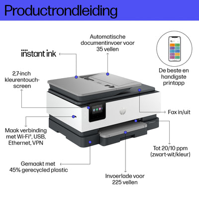 HP -  Jet Pro 8132e Draadloos All-in-One Kleur Printer, Instant Ink; Dubbelzijdig printen
