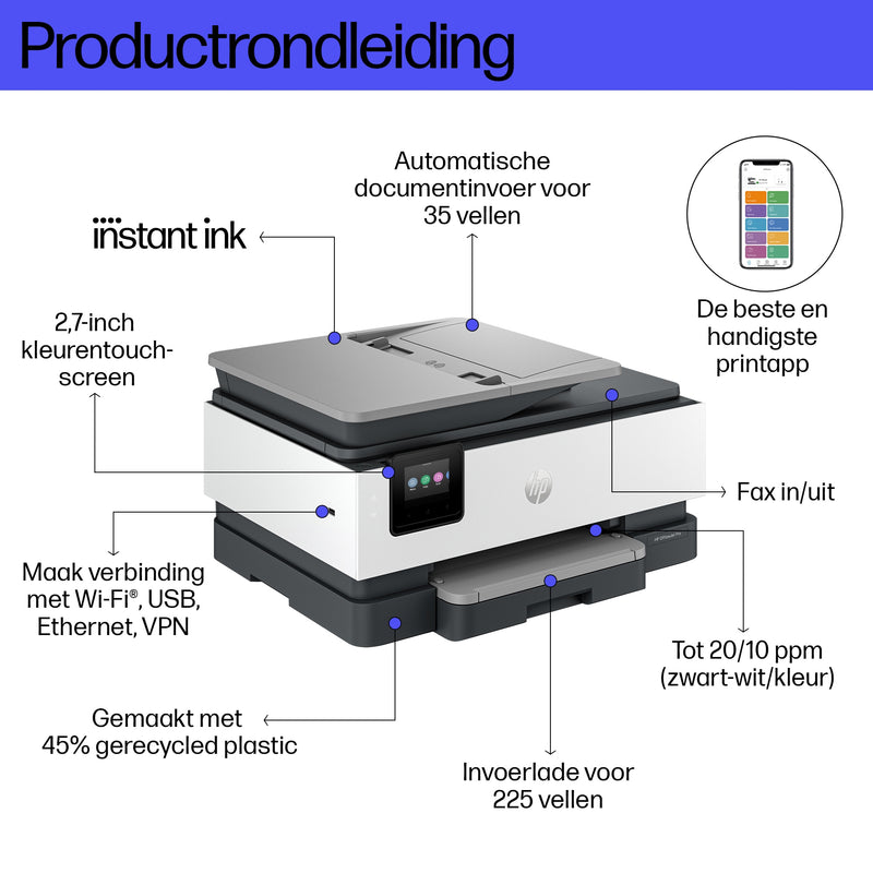 HP -  Jet Pro 8132e Draadloos All-in-One Kleur Printer, Instant Ink; Dubbelzijdig printen