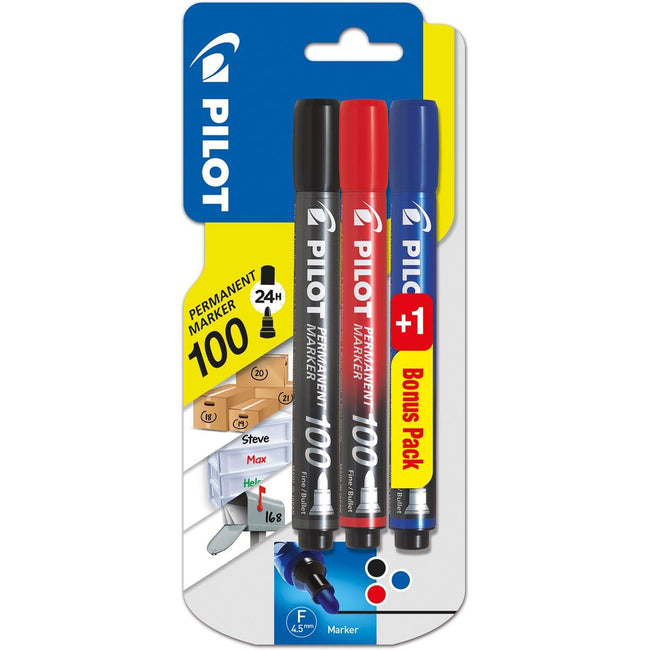 Pilot - permanent marker 100, blister met 3 stuks (2 + 1 GRATIS) in geassorteerde kleuren