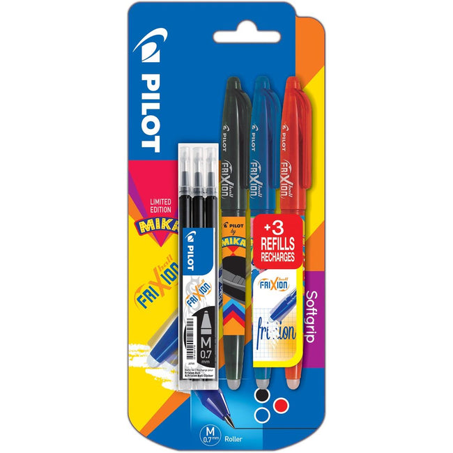 Pilot - roller FriXion Ball Mika, blister van 3 stuks in geassorteerde kleuren + gratis refill zwart