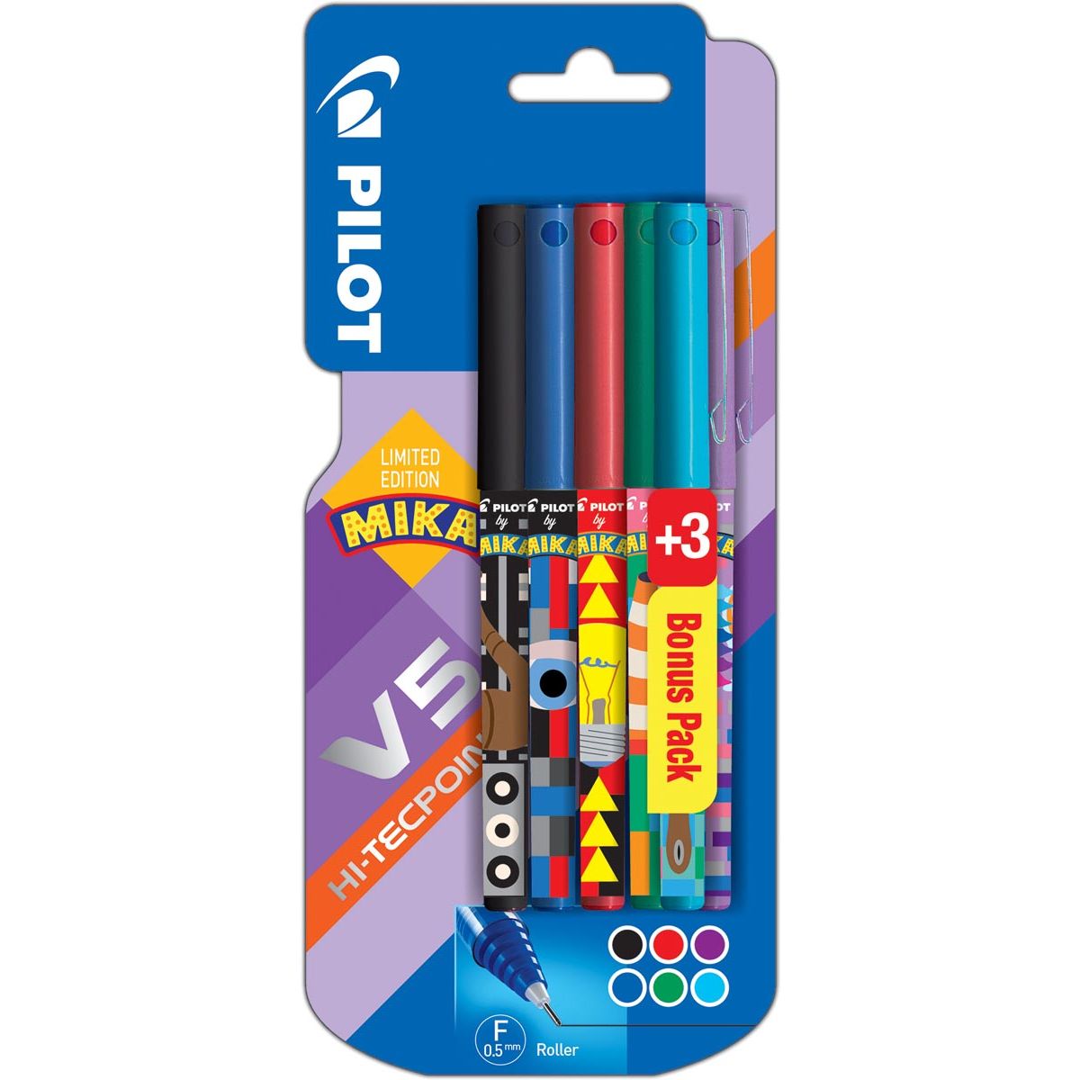 Pilot - roller V-5 Mika, blister da 3+3 pezzi in omaggio in colori assortiti