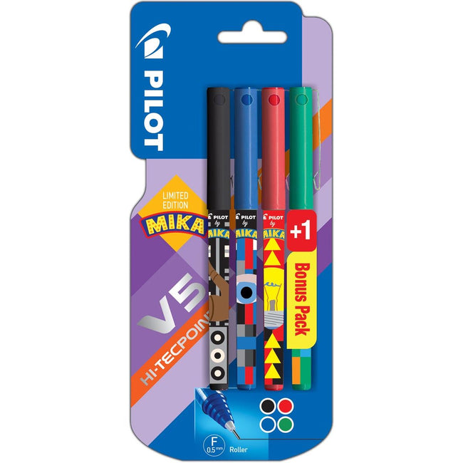 Pilot - roller V-5 Mika, blister van 3+1 stuks gratis in geassorteerde kleuren