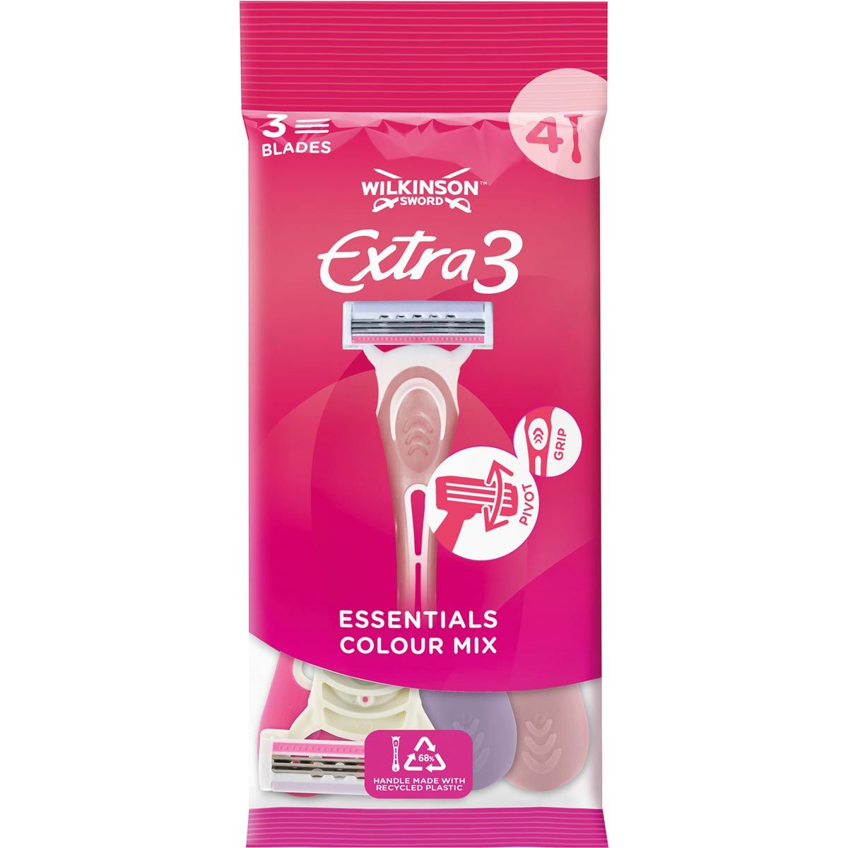 Wilkinson Sword - Wilkinson Extra 3 Essentials Color Mix Razor, pack de 4 pièces