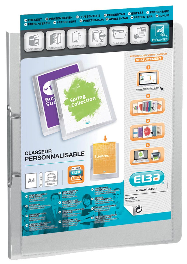 Oxford -   Polyvision personaliseerbare ringmap, formaat A4, uit PP, rug van 3 cm, 2 ringen, transparant