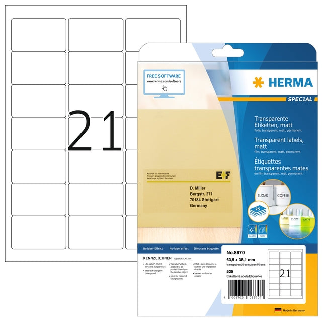 HERMA - HERMA 8670 Étiquette A4 63.5x38.1 mm Mat transp en aluminium | Pack de 25 draps