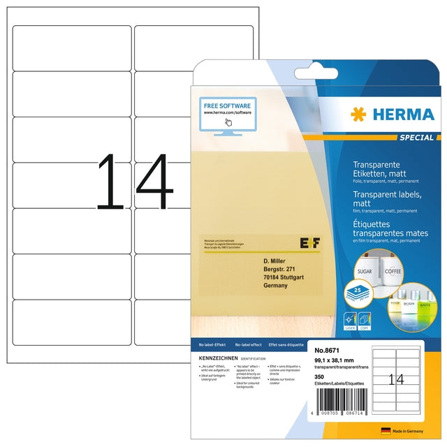 Herma - Herma 8671 Label 99.1x38.1 Folie Transp Mat | Pack de 25 draps