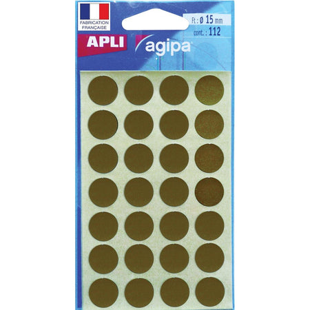 Agipa - etiquetas redondas en estuche de 15 mm de diámetro, doradas, 112 piezas, 28 por hoja