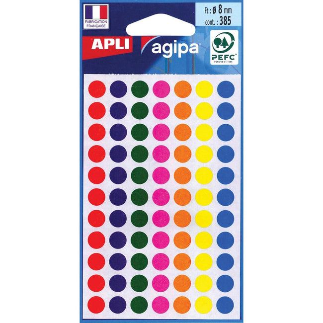 Agipa - Agipa ronde etiketten in etui diameter 8 mm, geassorteerde kleuren, 385 stuks, 77 per blad