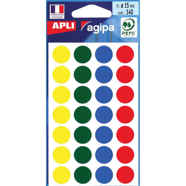 Agipa - etichette tonde in astuccio, diametro 15 mm, colori assortiti, 140 pezzi, 28 per foglio