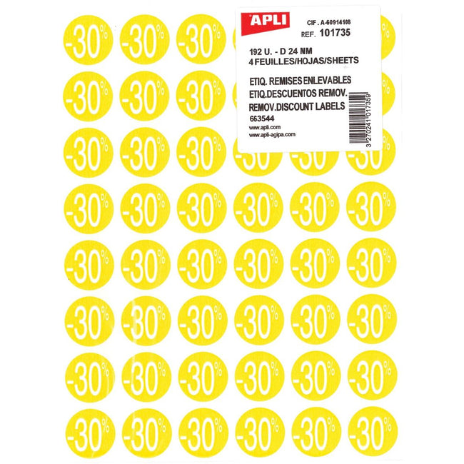 Apli -  Agipa Kortinglabel -30%, geel, pak van 192 stuks, verwijderbaar