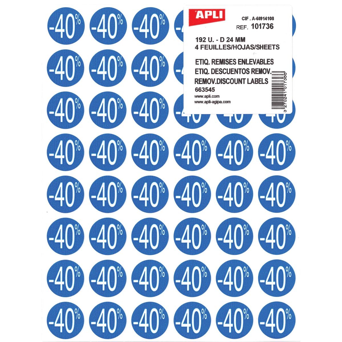 Apli - Etiqueta Descuento Agipa -40%, azul, paquete de 192 piezas, extraíble