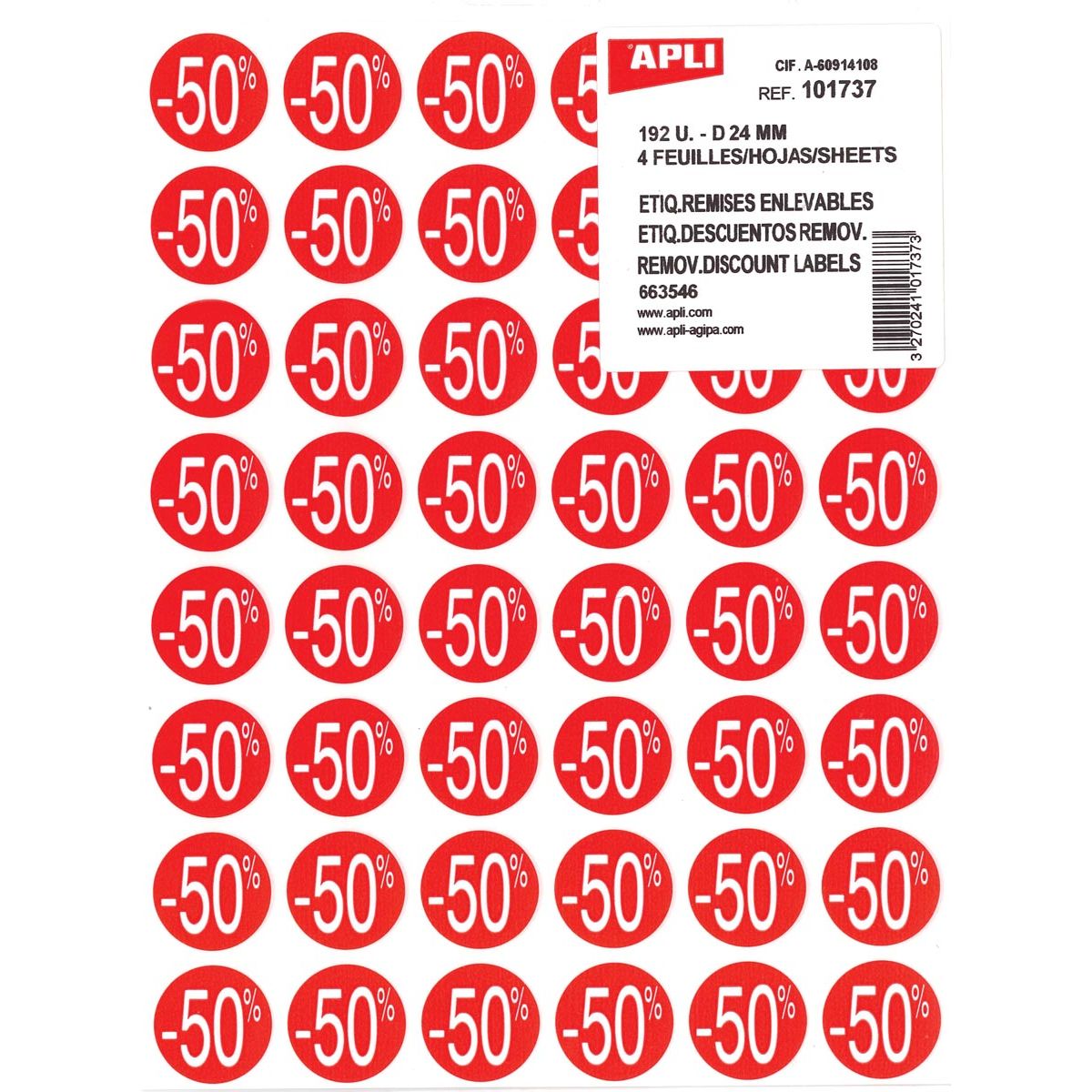 Apli -  Agipa Kortinglabel -50%, rood, pak van 192 stuks, verwijderbaar