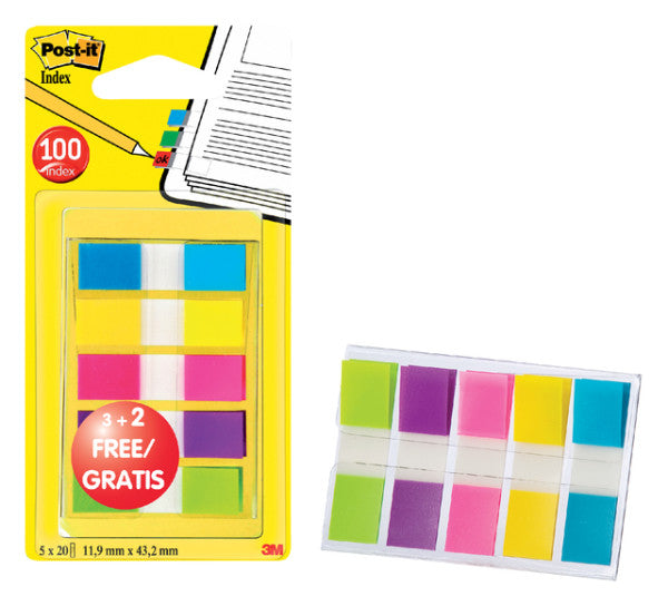 Post -it - Index Couleurs assorties étroites, 3 + 2 onglets gratuits