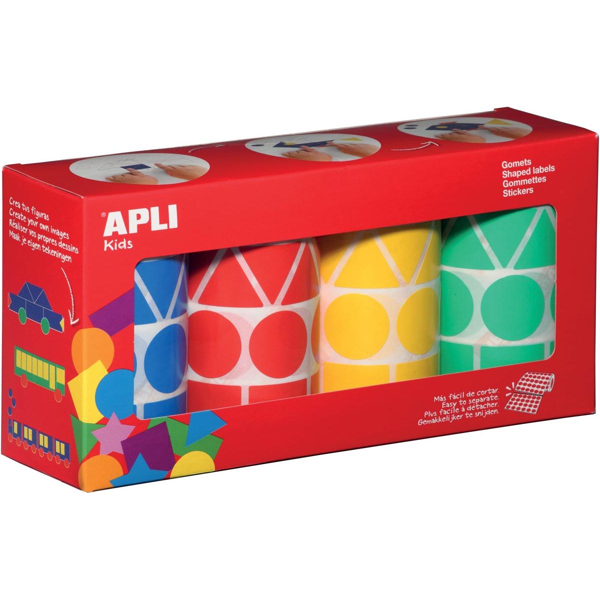 APLI KIDS - Autocollants pour enfants XL, boîte avec 4 rouleaux en 4 couleurs et 4 formes (bleu, rouge, jaune et vert)