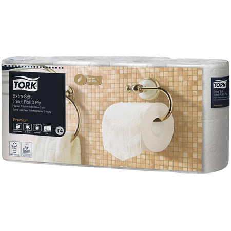 Tork - Papel higiénico Extra Suave 3 capas, Blanco, 155 Hojas, para sistema T4, paquete de 8 rollos