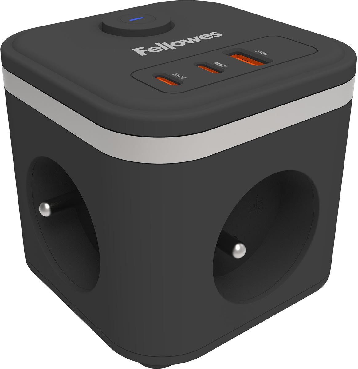 Fellowes -  contactdoos Power Cube, 3 stopcontacten + 1 x USB-A + 2 x USB-C, zwart, voor België