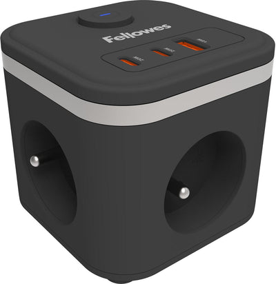Fellowes -  contactdoos Power Cube, 3 stopcontacten + 1 x USB-A + 2 x USB-C, zwart, voor België