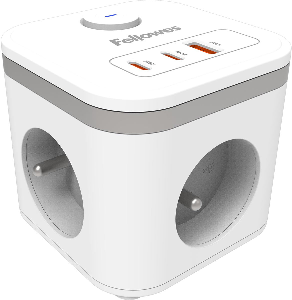 Fellowes -  contactdoos Power Cube, 3 stopcontacten + 1 x USB-A + 2 x USB-C, wit, voor België