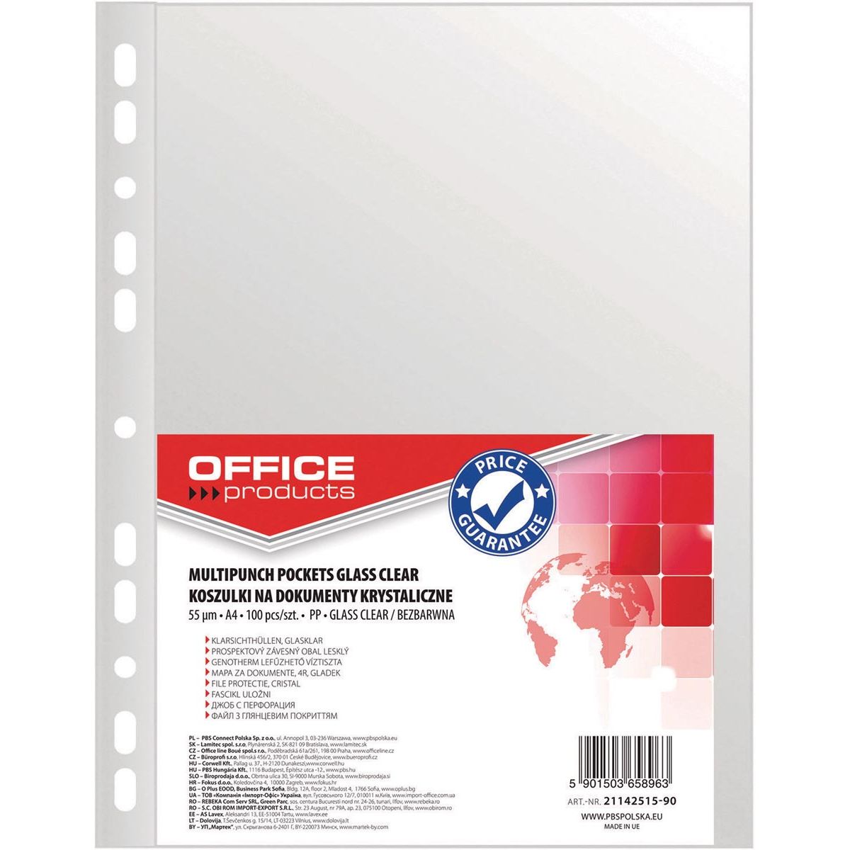 Produits OFFICE - sac de présentation perforé, ft A4, 55 microns, transparent, paquet de 100 pièces