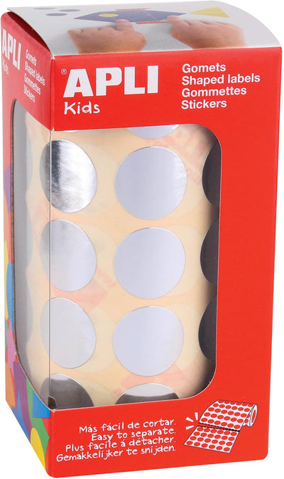 Apli Kids - Adesivi per bambini su rotolo, diametro cerchio 20 mm, 1770 pezzi, argento metallizzato