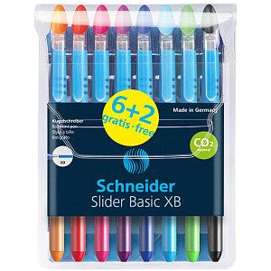 Schneider - Ballpen Slider Basic XB 6 + 2 Assorti | Enui a 8 pièces | 10 morceaux