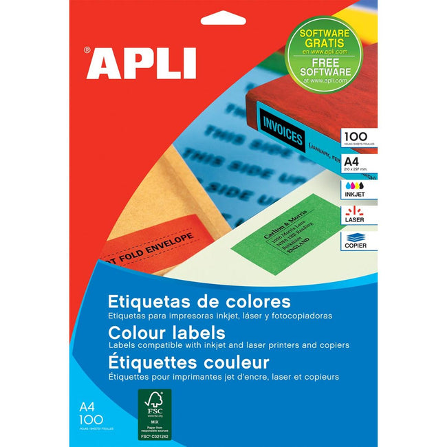 Apli - Gekleurde etiketten ft 210 x 297 mm (b x h), geel, 100 stuks, 1 per blad