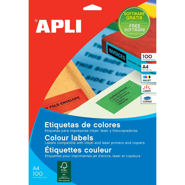 Apli - Gekleurde etiketten ft 210 x 297 mm (b x h), rood, 100 stuks, 1 per blad