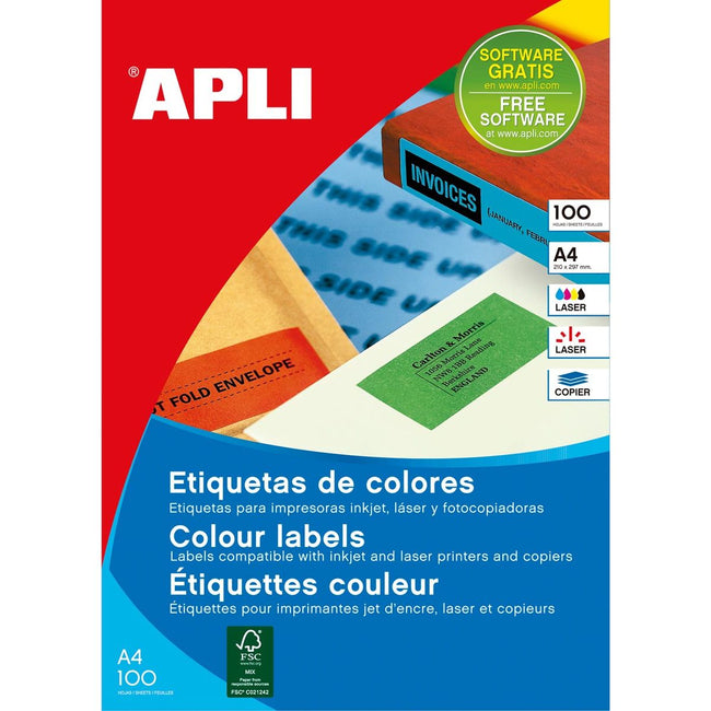 Apli - Etiquetas de colores pies 210 x 297 mm (ancho x alto), verde, 100 piezas, 1 por hoja