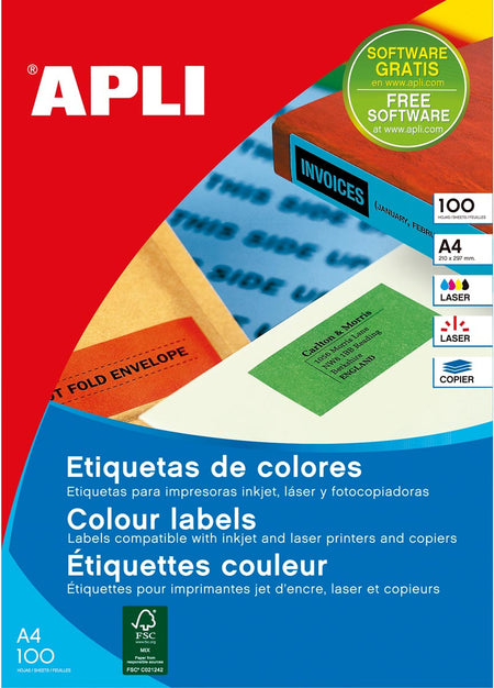 Apli - Etichette colorate ft 210 x 297 mm (l x h), verde, 100 pezzi, 1 per foglio