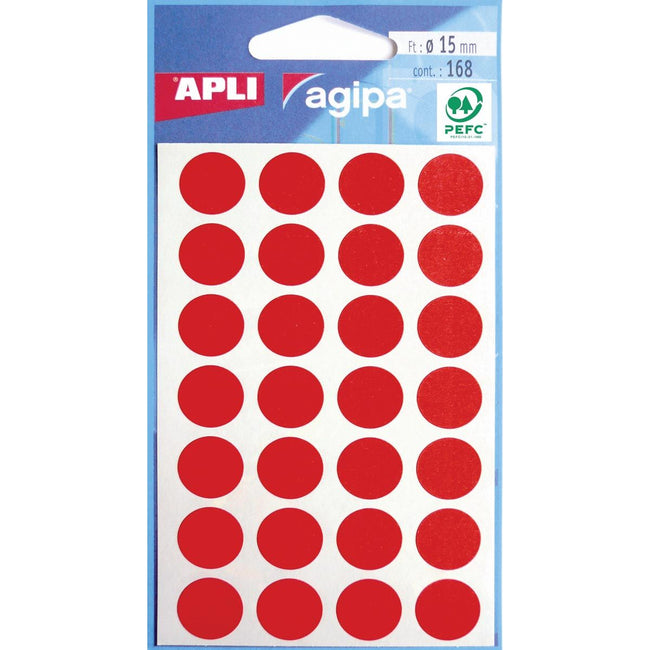 Agipa -   ronde etiketten in etui diameter 15 mm, rood, 168 stuks, 28 per blad