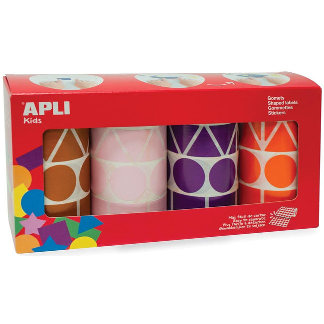 Apli Kids - Adesivi per bambini XL, scatola con 4 rotoli in 4 colori e 4 forme (marrone, rosa, viola e arancione)