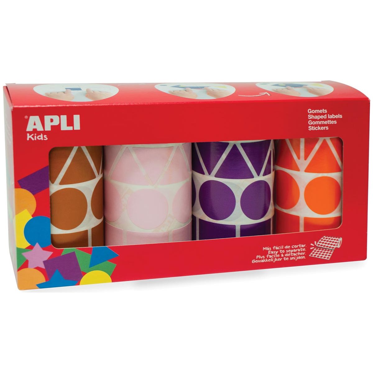 APLI KINDER - KINDERSCHABEN XL, KASTE mit 4 Rollen in 4 Farben und 4 Formen (braun, rosa, lila und orange)