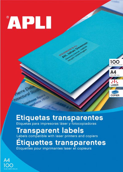 Apli - Etichette trasparenti ft 70 x 37 mm (l x h), 2.400 pezzi, 24 per foglio, scatola da 100 fogli