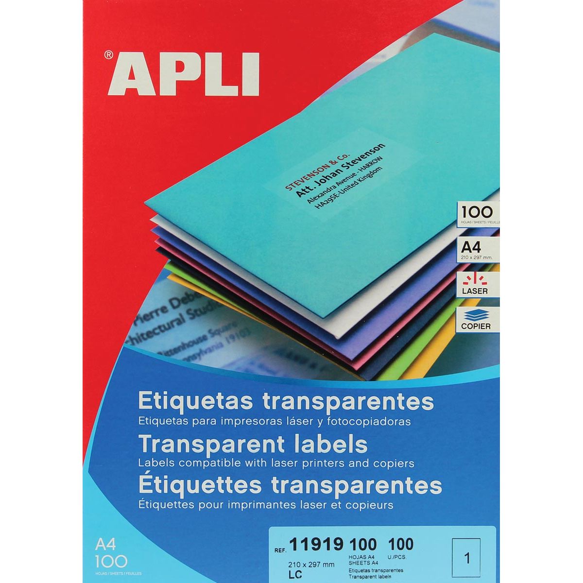 APLI - Transparente Etiketten ft 210 x 297 mm (b x h), 100 Stück, 1 pro Blatt, Schachtel mit 100 Blättern