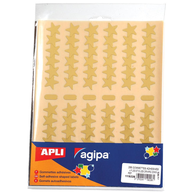 Agipa - adesivi metallici, blister da 288 pezzi, oro e argento, stella 20 mm