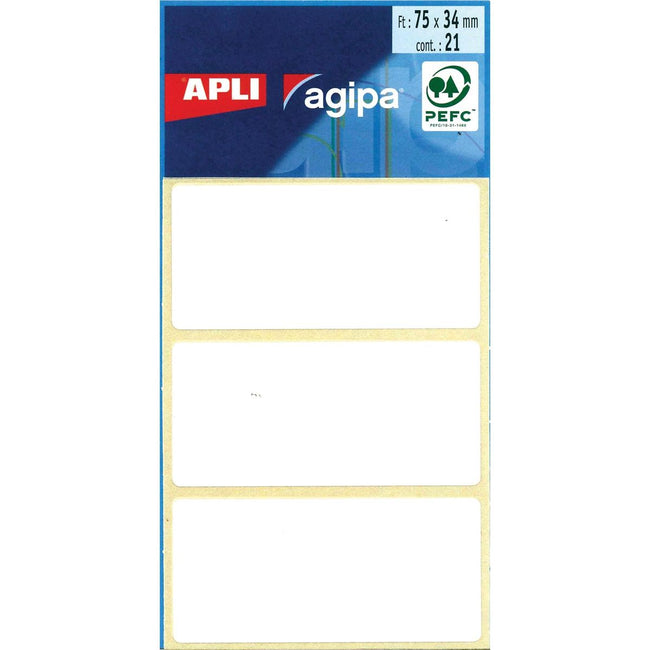 Agipa - white labels in case ft 34 x 75 mm (w x h), 21 pieces, 3 per sheet
