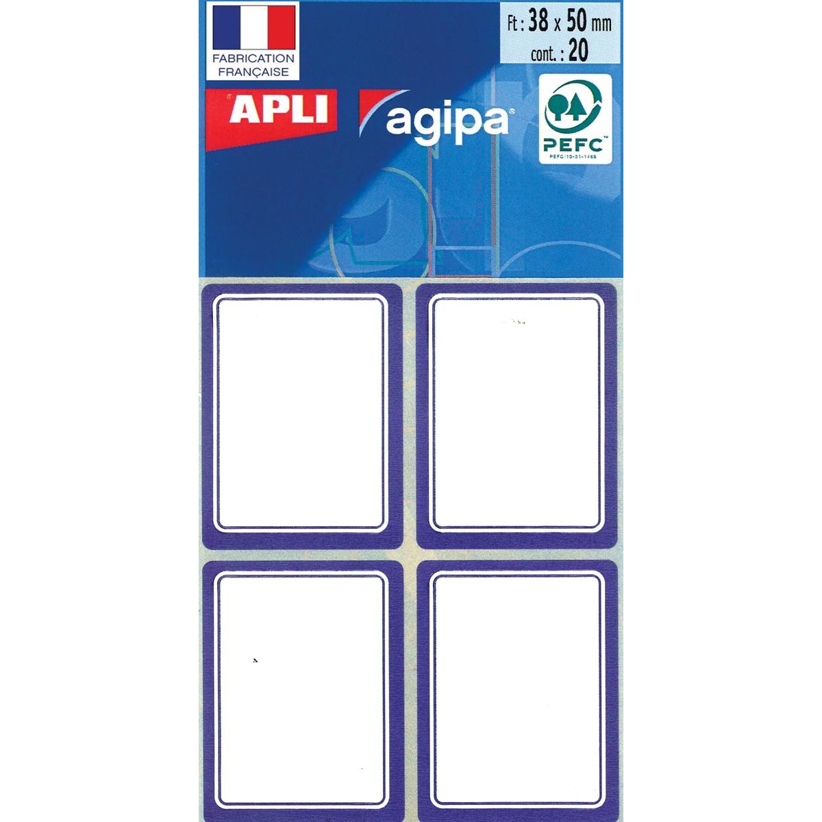 Agipa -   schooletiketten ft 38 x 50 mm (b x h), 32 etiketten per etui, blauwe rand