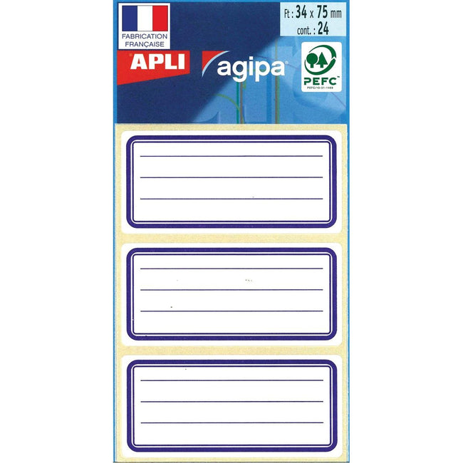 Agipa - etichette scolastiche ft 75 x 34 mm (l x h), 24 etichette per cartone, bordo blu, a righe
