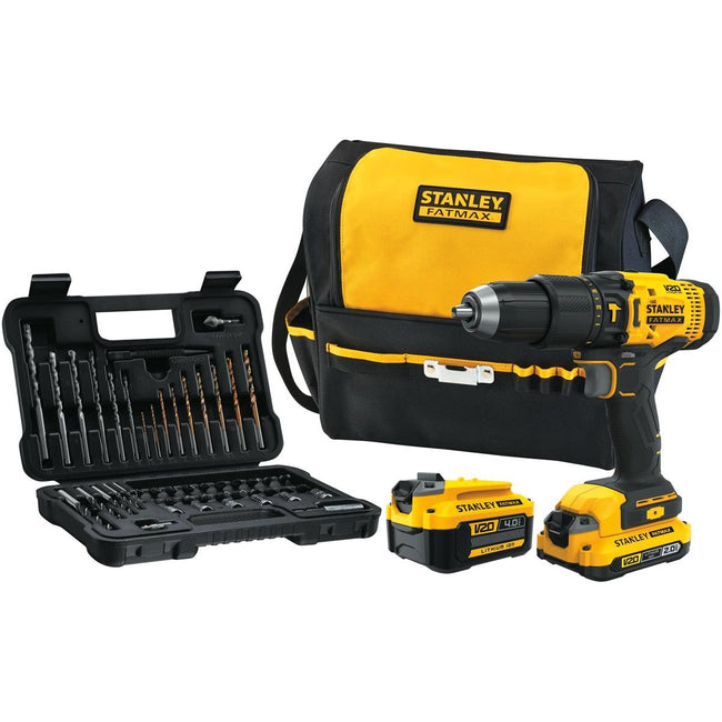 Stanley - Fatmax Screw Beat Drill 18V, avec 2 batteries, sac à poudre et ensemble d'accessoires de 50 pièces