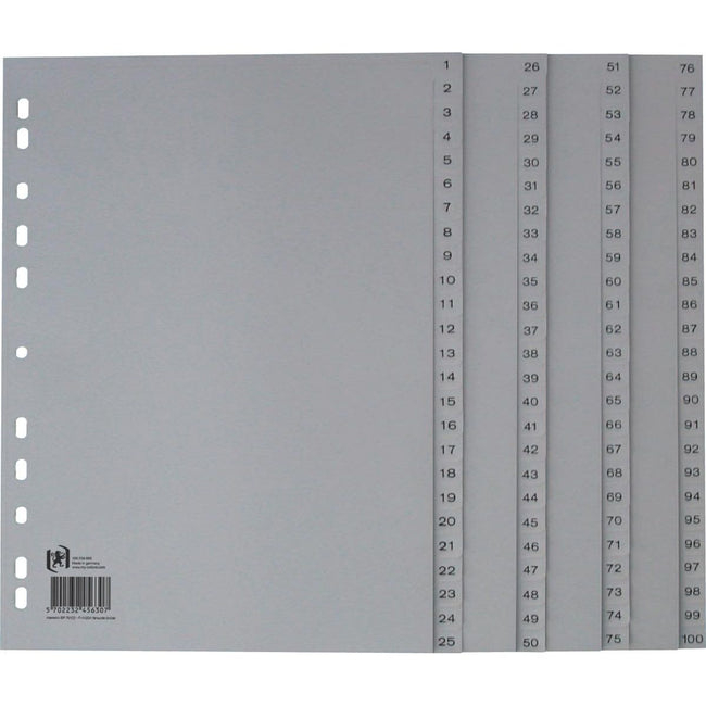 Oxford - tabs, A4, made of PP, 11-hole perforation, 100 numbered tabs, gray