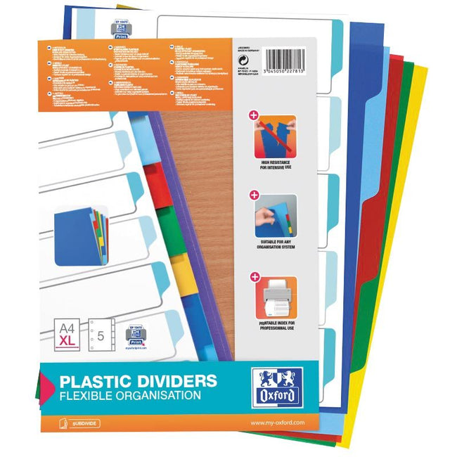 Oxford - tabs, size A4 XL, made of PP, 11-hole perforation, unprinted, 5 colored tabs