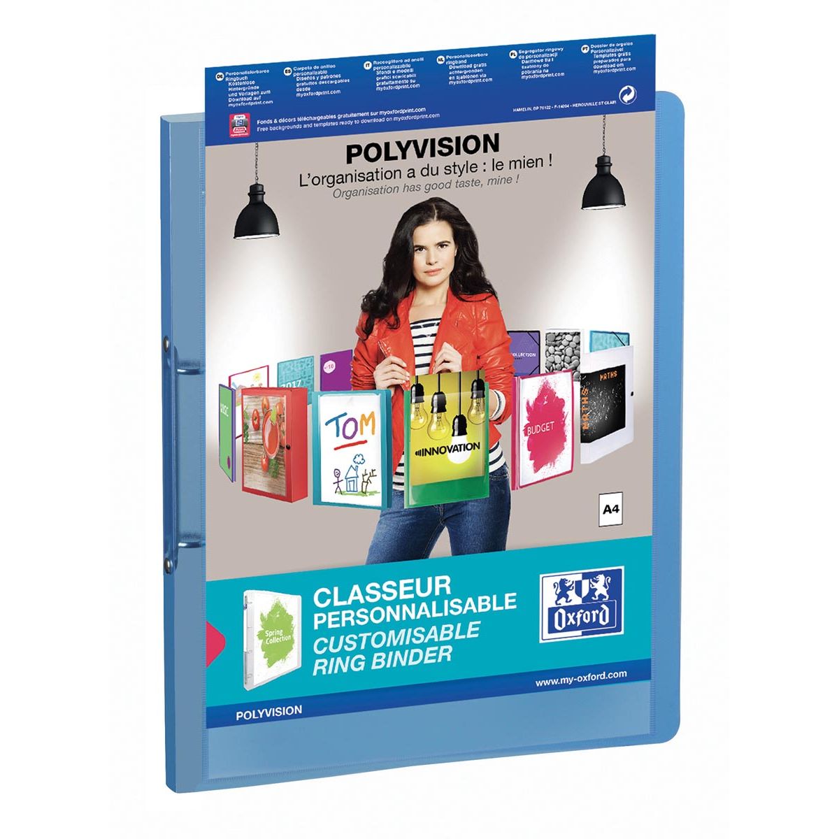 Oxford -   Polyvision personaliseerbare ringmap, formaat A4, uit PP, rug van 3 cm, 2 ringen, blauw