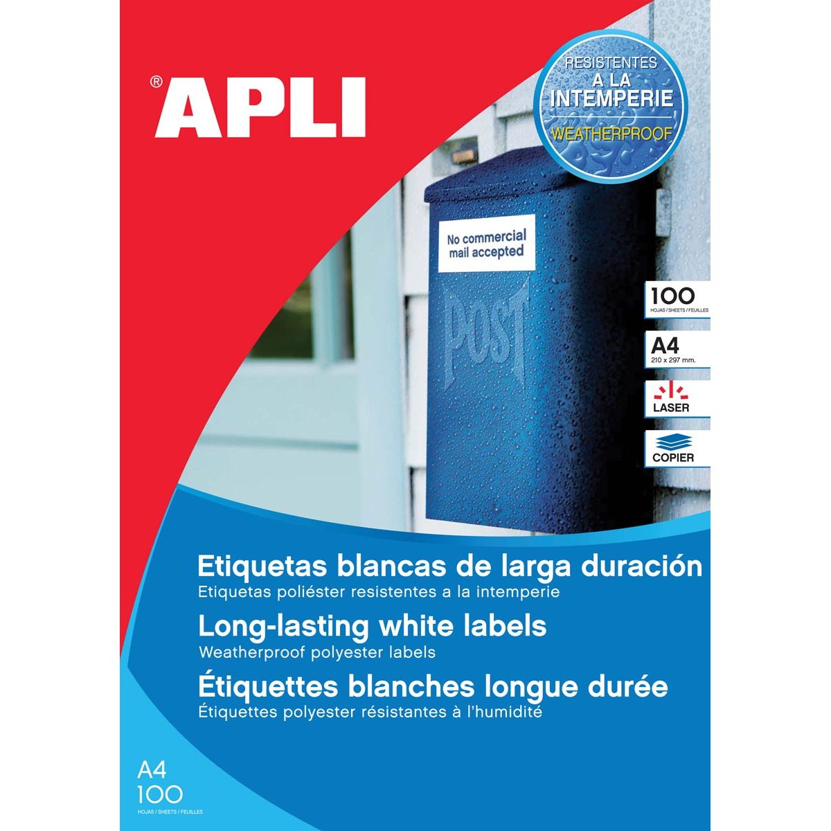 Apli - Weatherproof labels ft 210 x 297 mm (w x h), 100 pieces, 1 per sheet, box of 100 sheets