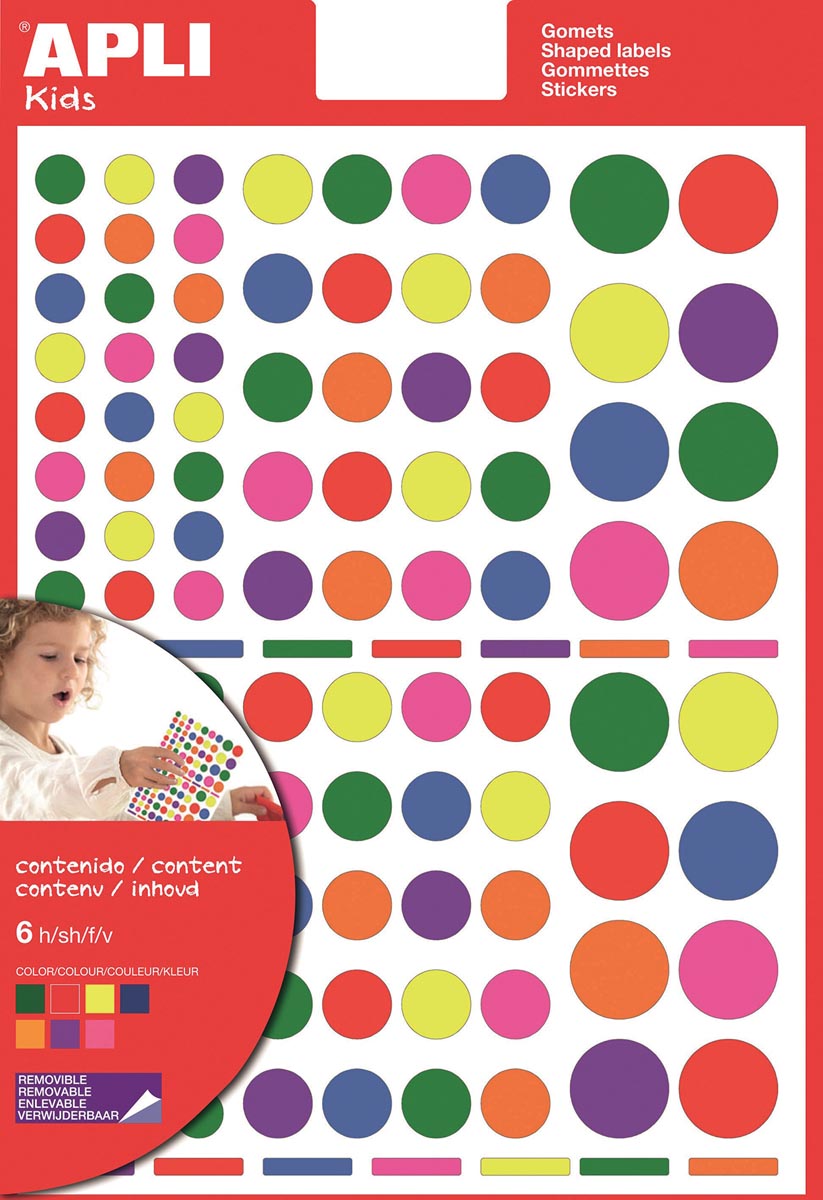 Apli Kids - Kids removable stickers, circle, blister with 624 pieces in assorted colors and sizes