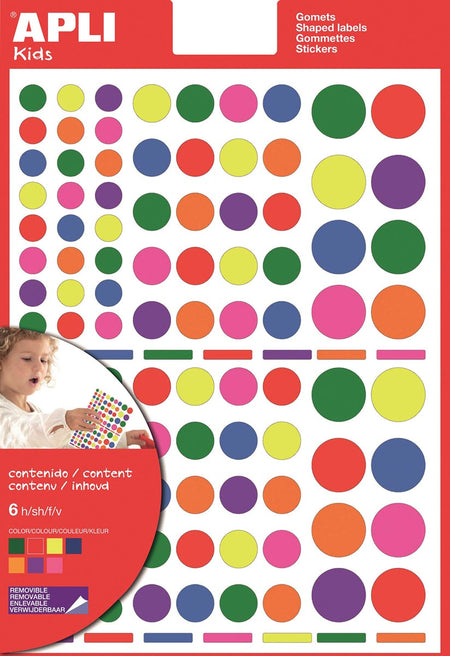 Apli Kids - Adesivi removibili per bambini, cerchio, blister da 624 pezzi in colori e misure assortite
