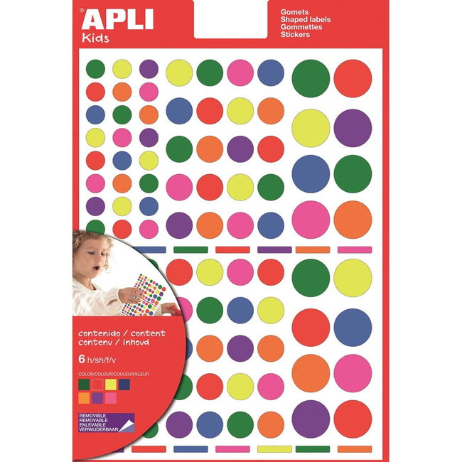 Apli Kids - Kids verwijderbare stickers, cirkel, blister met 624 stuks in geassorteerde kleuren en groottes