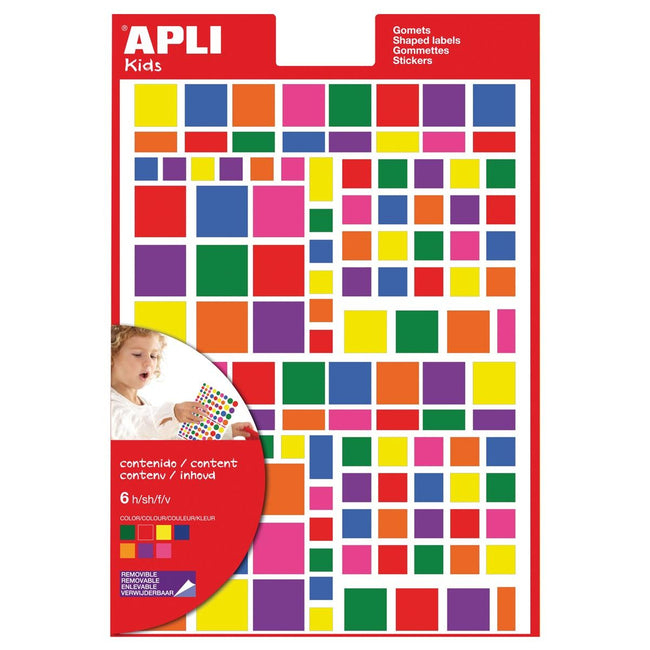 Apli Kids - Adesivi removibili per bambini, quadrati, in blister da 756 pezzi in colori e misure assortite
