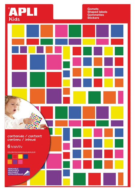 Apli Kids - Adesivi removibili per bambini, quadrati, in blister da 756 pezzi in colori e misure assortite