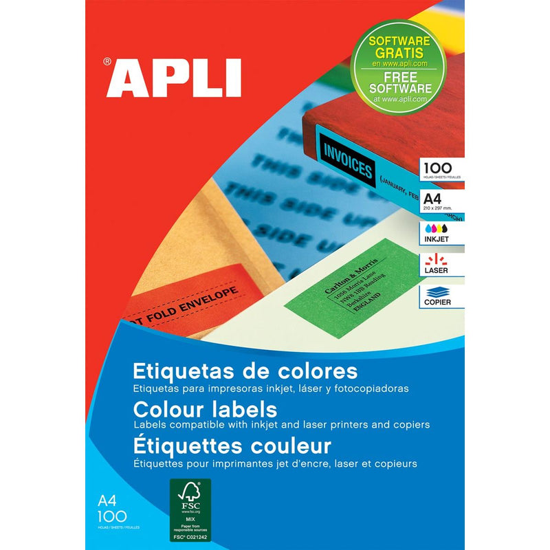 Apli -  Gekleurde etiketten ft 105 x 37 mm (b x h), rood, 1.600 stuks, 16 per blad, doos van 100 blad